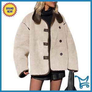 Faux Fur Jacket Winter Warm Button Down Stand Collar Long Sleeve Coat